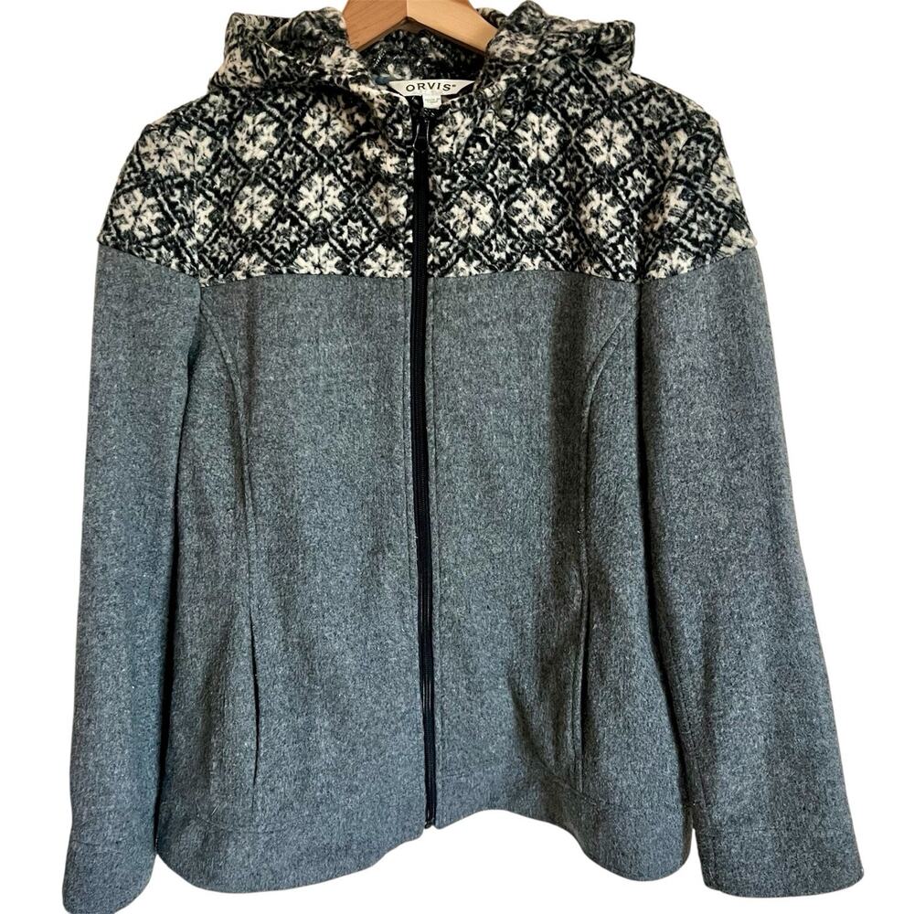 Orvis Women’s Full Zip Hooded Fleece Jacket Large Gray Quilted Nordic Outdoor